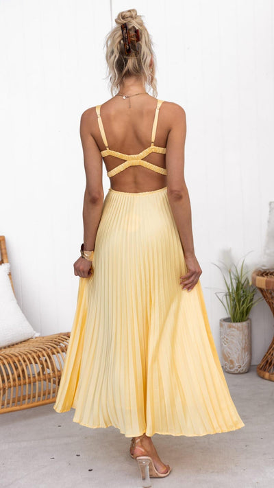 Aby™ | Gelbes plissiertes Maxikleid mit V-Ausschnitt