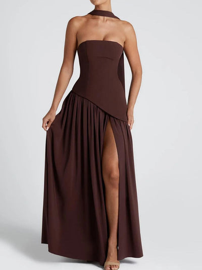 Esmee | Schulterfreies Maxikleid mit Schlitz und Schleifen-Detail